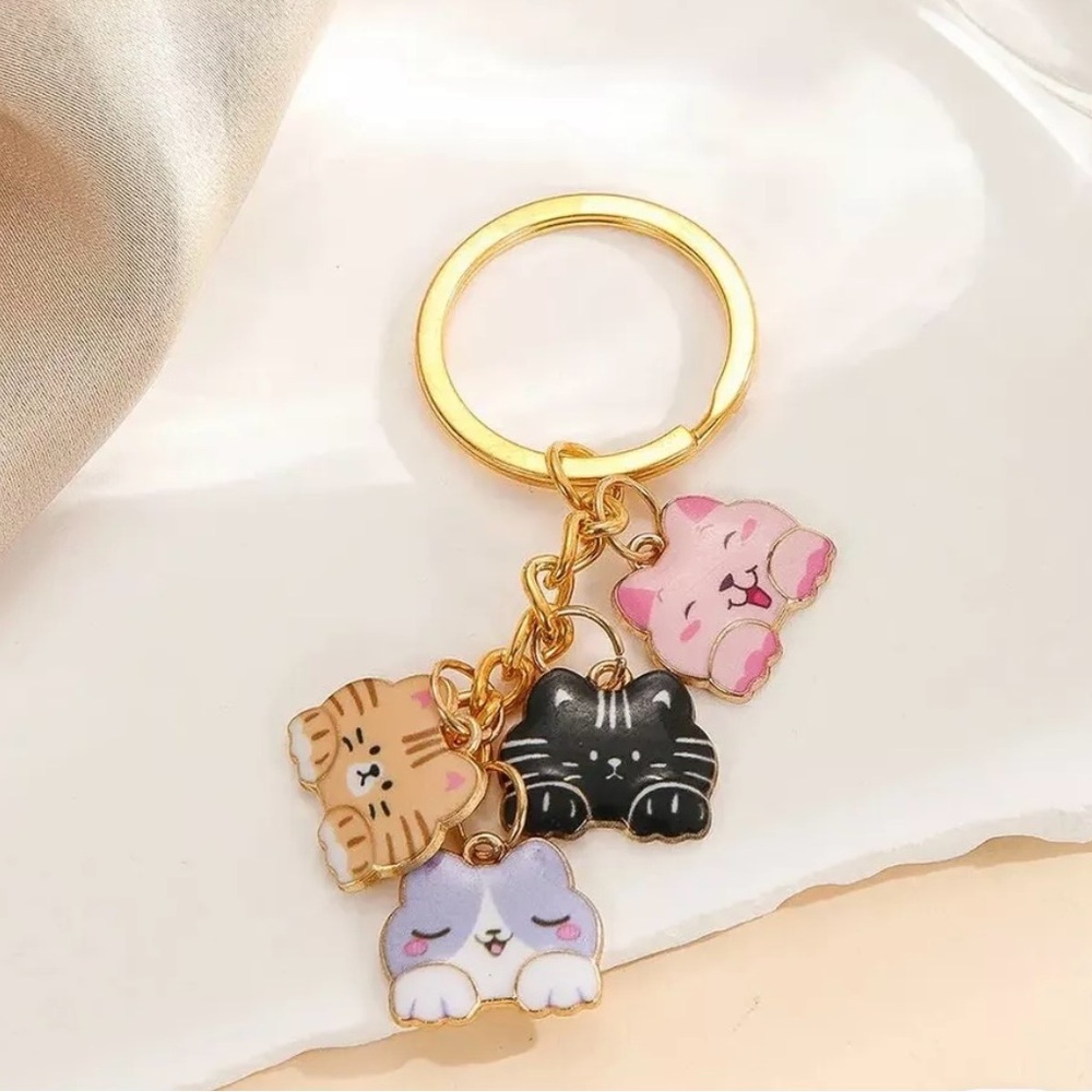 Cat Tiered Keychain, Cute Kawaii Neko Kitty Tabby Calico  Key Holder Charm - Picture 2 of 4